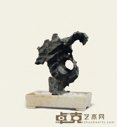 清·汉白玉长方形石盆连英石 16×9×19.5cm
