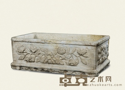 清·汉白玉四面花卉长方形石盆 88×56×32cm
