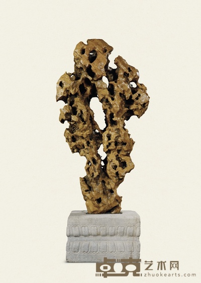 明·汉白玉束腰莲瓣纹底座连黄太湖石 85×38×205cm 座高: 40cm