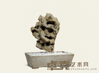清·汉白玉长方形石盆连太湖石 60×37×30 cm