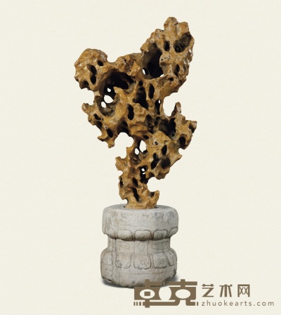 明·汉白玉束腰莲瓣纹底座连黄太湖石 70×42×150cm