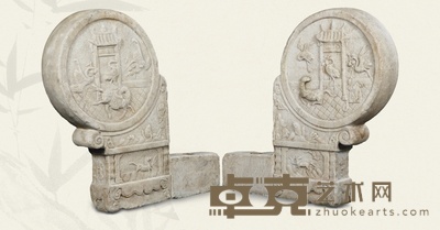清·汉白玉瑞兽抱鼓门枕石一对 85×14×85cm