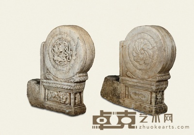 清·汉白玉双狮抱鼓门枕石一对 83×17×83 cm