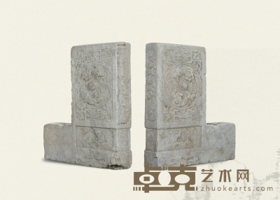 清·汉白玉双狮长方形门枕石一对 73×16×90cm