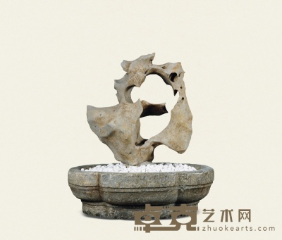 元·青白石海棠形石盆连太湖石 70×37×23 cm