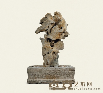 明·青白石花卉纹长方形石盆连太湖石 73×42×25 cm