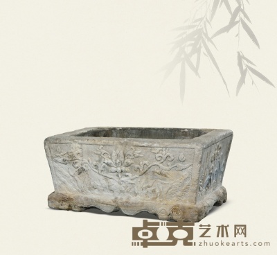 明·汉白玉四面花卉长方形石盆 62.5×42×28cm