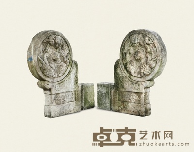 清·汉白玉三狮抱鼓门枕石一对 77×14×103cm