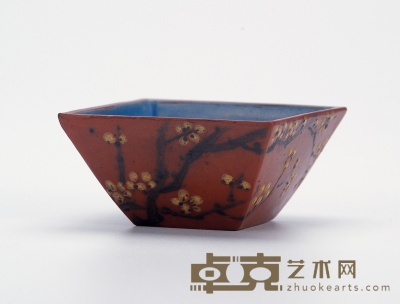清中晚期·红泥彩绘描金题字斗方杯 3×5.6cm