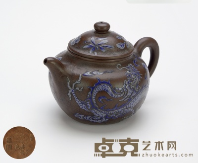 清·秋水共长天一色款紫泥蓝彩莲子壶 12×18.4cm