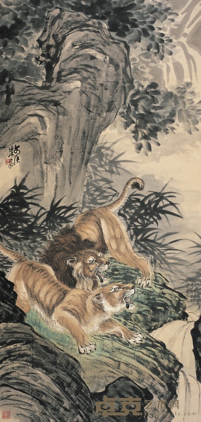 朱文侯 双狮图 135×64.5cm