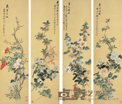 张 熊 四季花卉屏 140×38.5cm×4