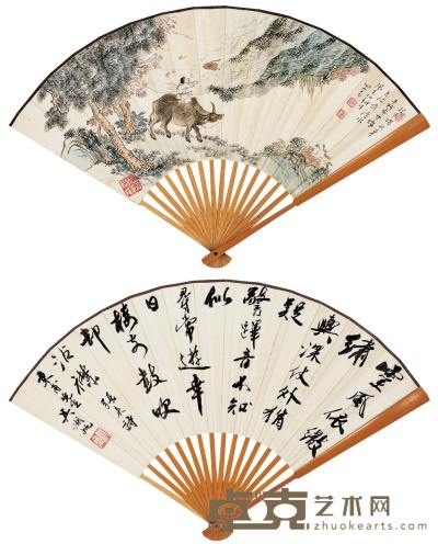 溥儒 吴湖帆 骑牛踏秋图·书法 19.5×51cm