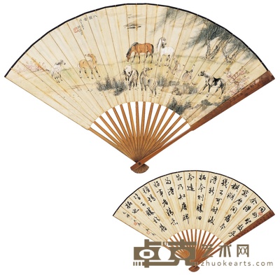 戈湘岚 马公愚 八骏图·书法 18×49.5cm