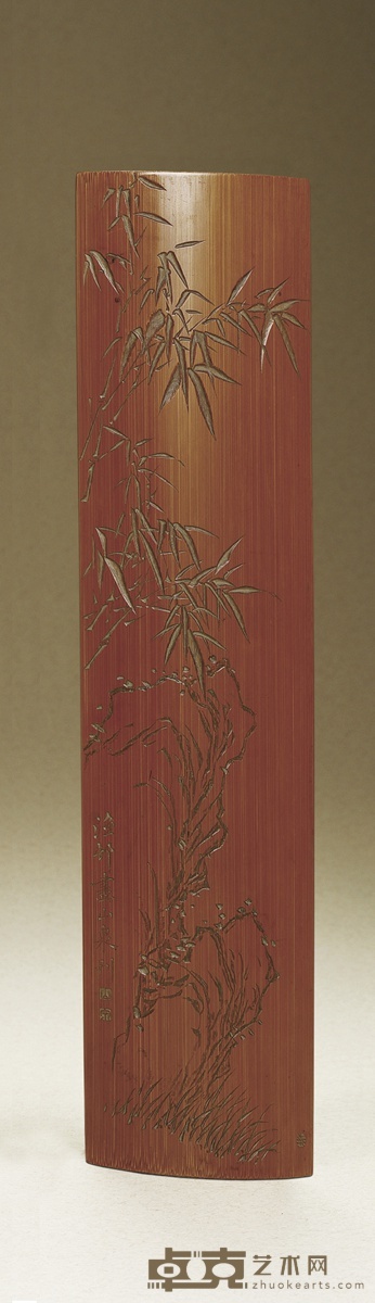 民国·贺天健旧藏吴华源画黄山泉刻竹雕臂搁 长:27cm 宽:6.7cm