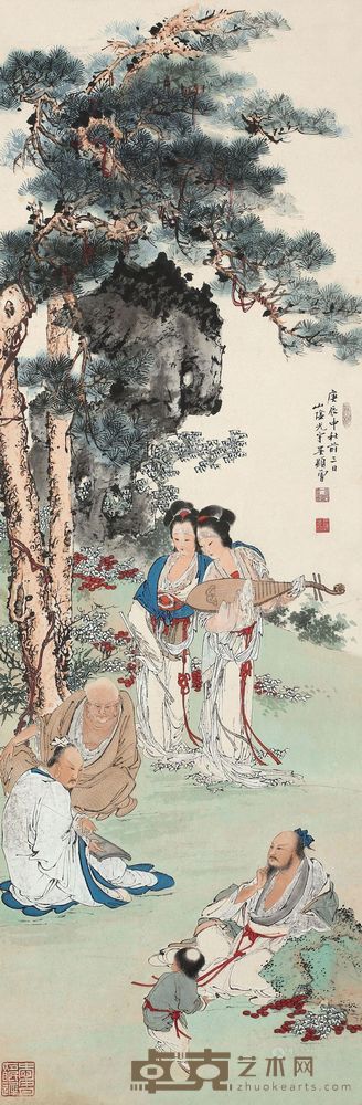 吴光宇 庚辰（1940年）作 赏琴图 镜心 <em>103×34cm?</em>