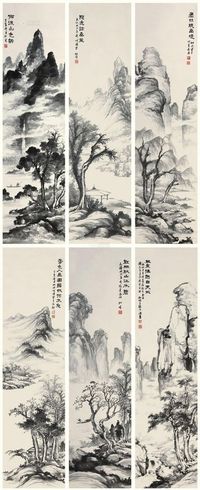 李加汰 （1947年）作 山水 六屏立轴