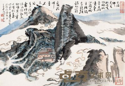 陆俨少 丁巳（1977）年作 崖关古寺 镜片 31.5×46cm