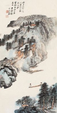 张大千 1977年作 溪山观瀑 镜片