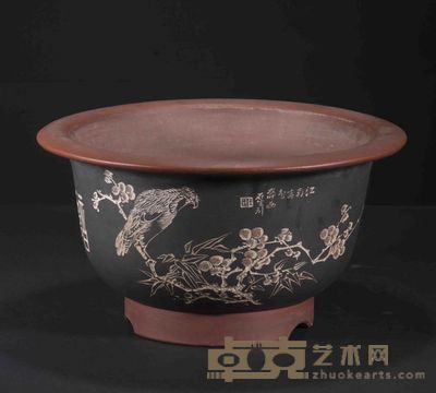 友竹画石生刻花鸟诗文圆盆( 一对) 直径 39.5厘米 高 21.5厘米