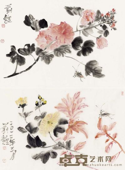 刘懿　花卉二幅 44×67cm×2