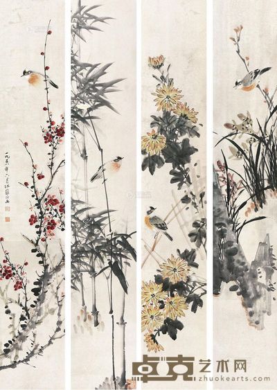 江寒汀 花鸟 四屏立轴 <em>128×22cm×4</em>