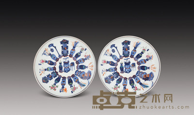 清光绪 青花加彩盘(一对) D 18 cm