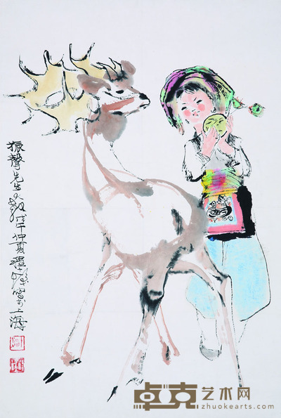 程十发 少女与鹿 立轴 <em>68×46.5cm</em>