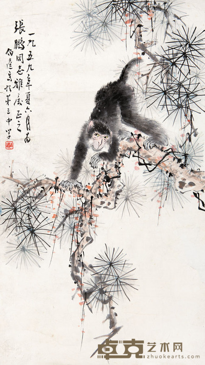 顾伯逵 松猿图 61.5 × 35.5cm. 约2平尺