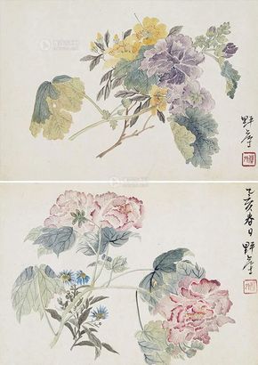 李野屋 花卉 （二幅） 镜心