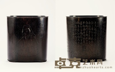 清早期·岳余三刻紫檀木雕柳如是笔筒 高:14.4cm口径:13.3cm