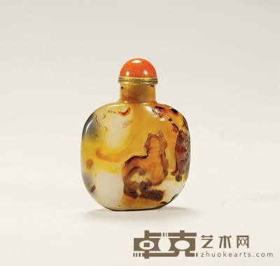 清·玛瑙巧雕耄耋鼻烟壶 带盖高:7.5cm