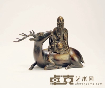 清·铜制南极仙翁骑鹿香熏 高：15.6cm