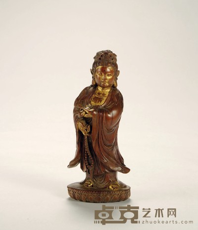 清·黄杨木漆金雕书卷观音像 高：16.5cm
