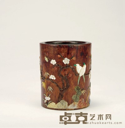 清·黄花梨嵌百宝花鸟纹笔筒 高：14.5cm口径：12cm