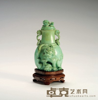 清·绿松石雕太师少师活环耳包袱瓶 高：10.5cm