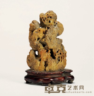 清·寿山石雕高士访友图山子 带座高:19.5cm
