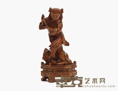 清 黄杨木雕蓝采荷造像 带座高: 13.7cm