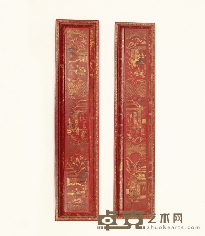 清早期 红漆描金西厢人物故事香盒 长： 56 cm 宽： 12.5cm 高： 5.4cm