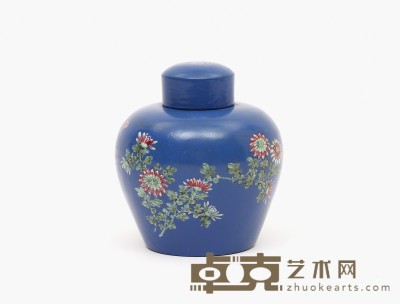 清 紫砂蓝地粉彩菊花茶叶罐 高： 17cm 直径： 14.5cm