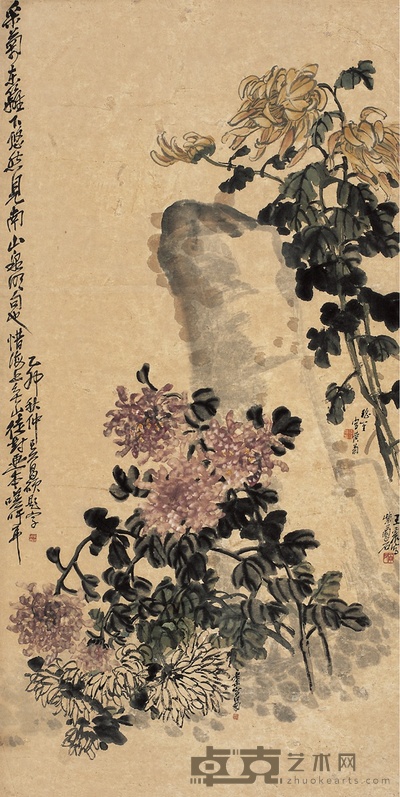 吴昌硕 王 震 程 璋 菊石图 131×66.5cm