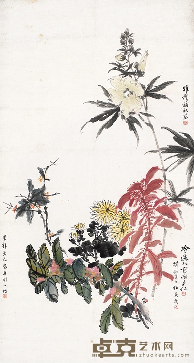 吴昌硕 杨伯润 潘雅声 金心兰 钱慧安 等秋卉图 107.5×58cm