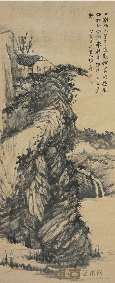 张大千  松涯石亭图 110×46cm