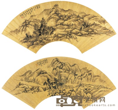 顾麟士 顾 澐 雨余湿翠图 茅亭幽居图 18.5×53.5cm 17.5×52cm