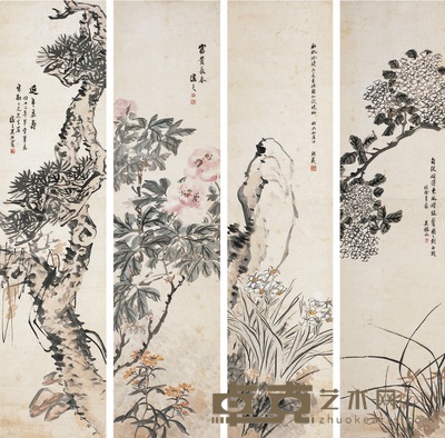 吴熙载  富贵长春 137×33cm×4