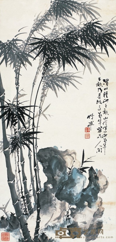 竹 禅  竹石图 136×66cm