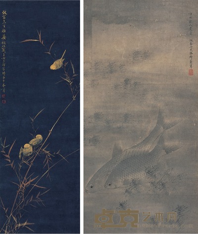 骆绮兰 王 涛 双鱼图·竹雀图 54×27cm 83×29cm