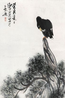 康师尧 柏树小鸡 立轴