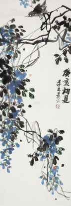 王敬恒 1983年作 紫藤小鸟 立轴