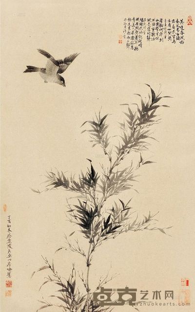 喻慧 飞鸟风竹图 镜片 <em>77×48cm</em>